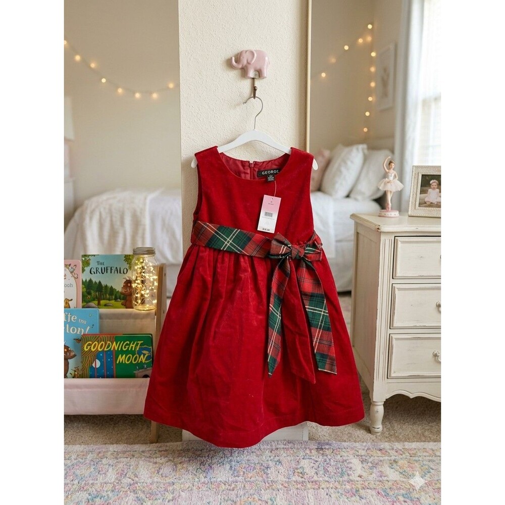 George Girls Red Velvet Dress Plaid Sash Holiday Christmas Bow NWT Size 4